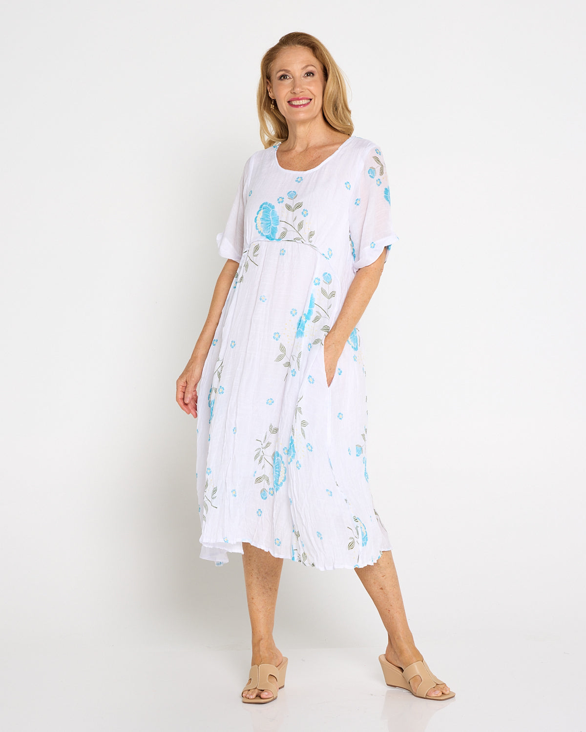 Waterhouse Dress - White/Teal Artisan Floral