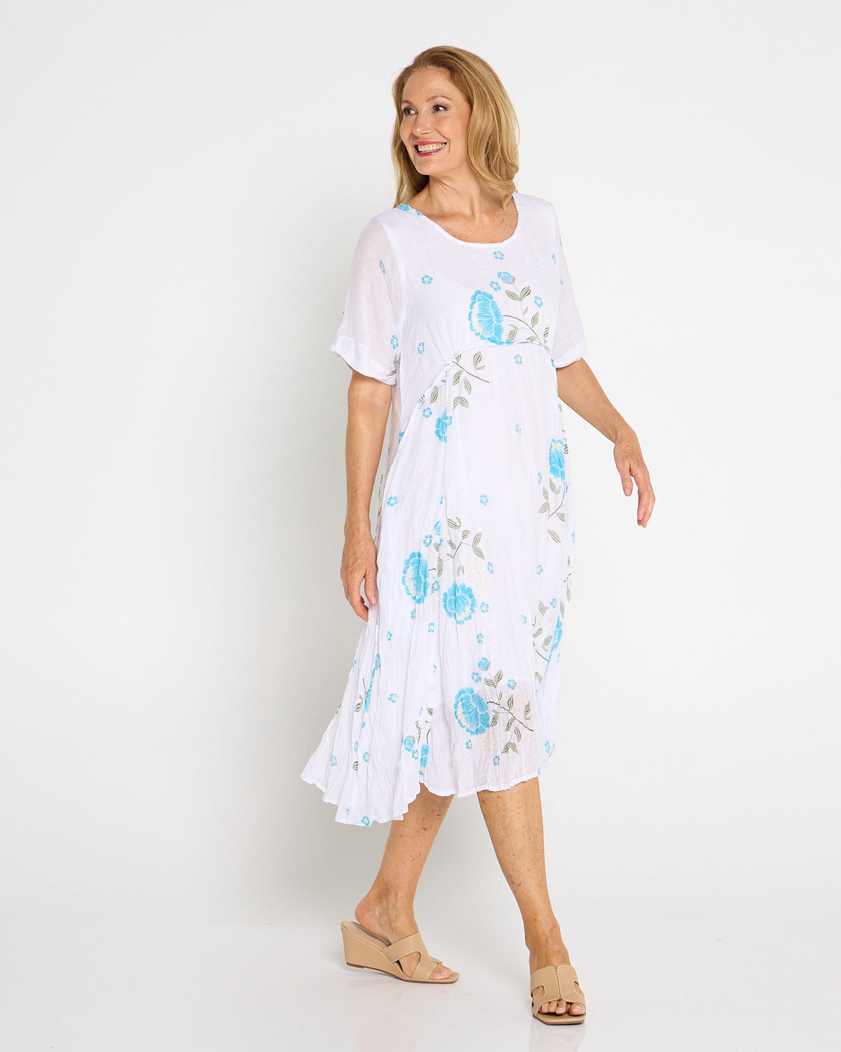 Waterhouse Dress - White/Teal Artisan Floral