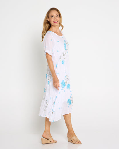 Waterhouse Dress - White/Teal Artisan Floral
