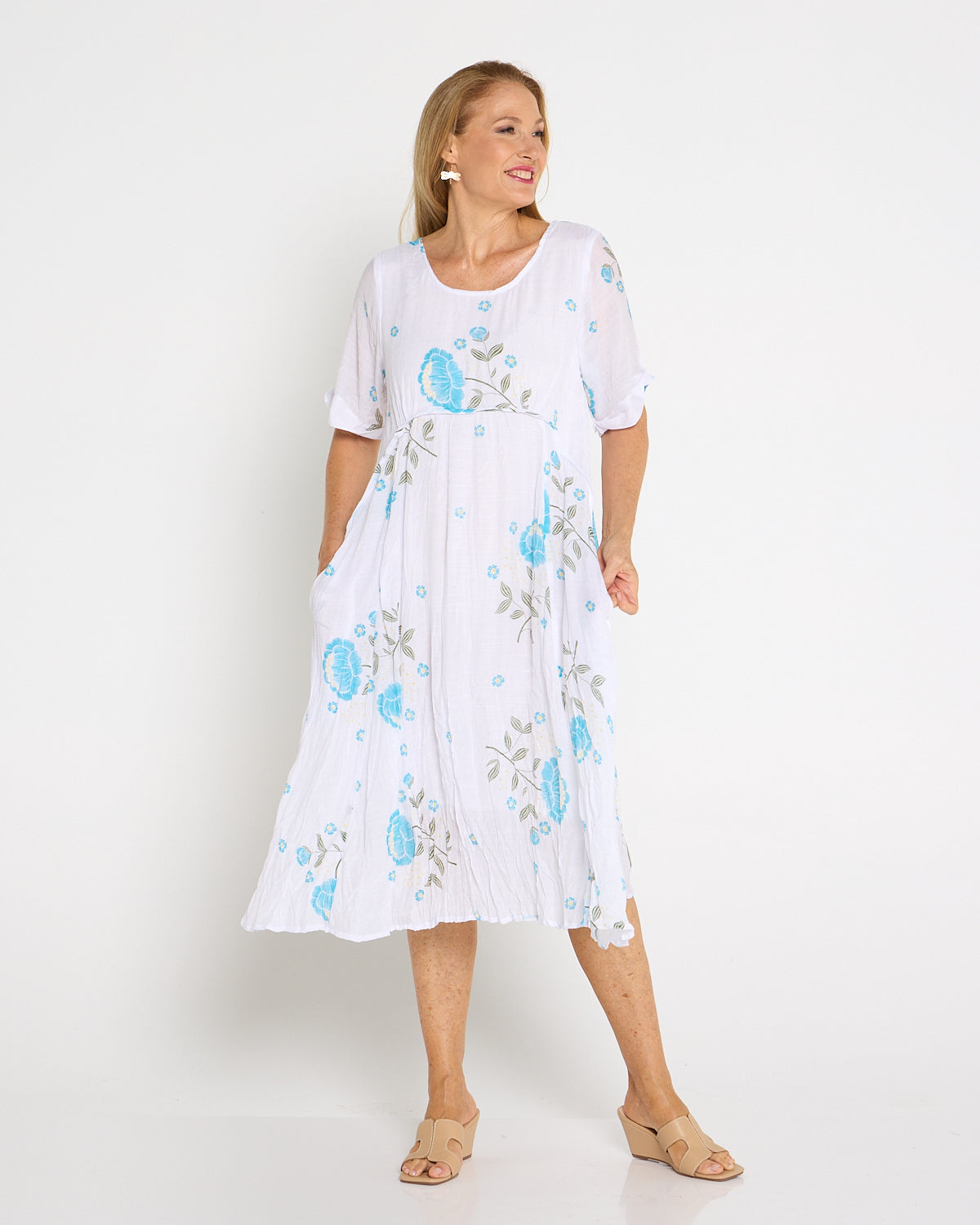 Waterhouse Dress - White/Teal Artisan Floral
