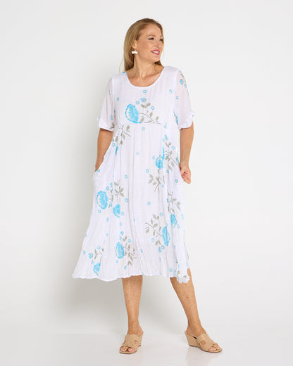Waterhouse Dress - White/Teal Artisan Floral