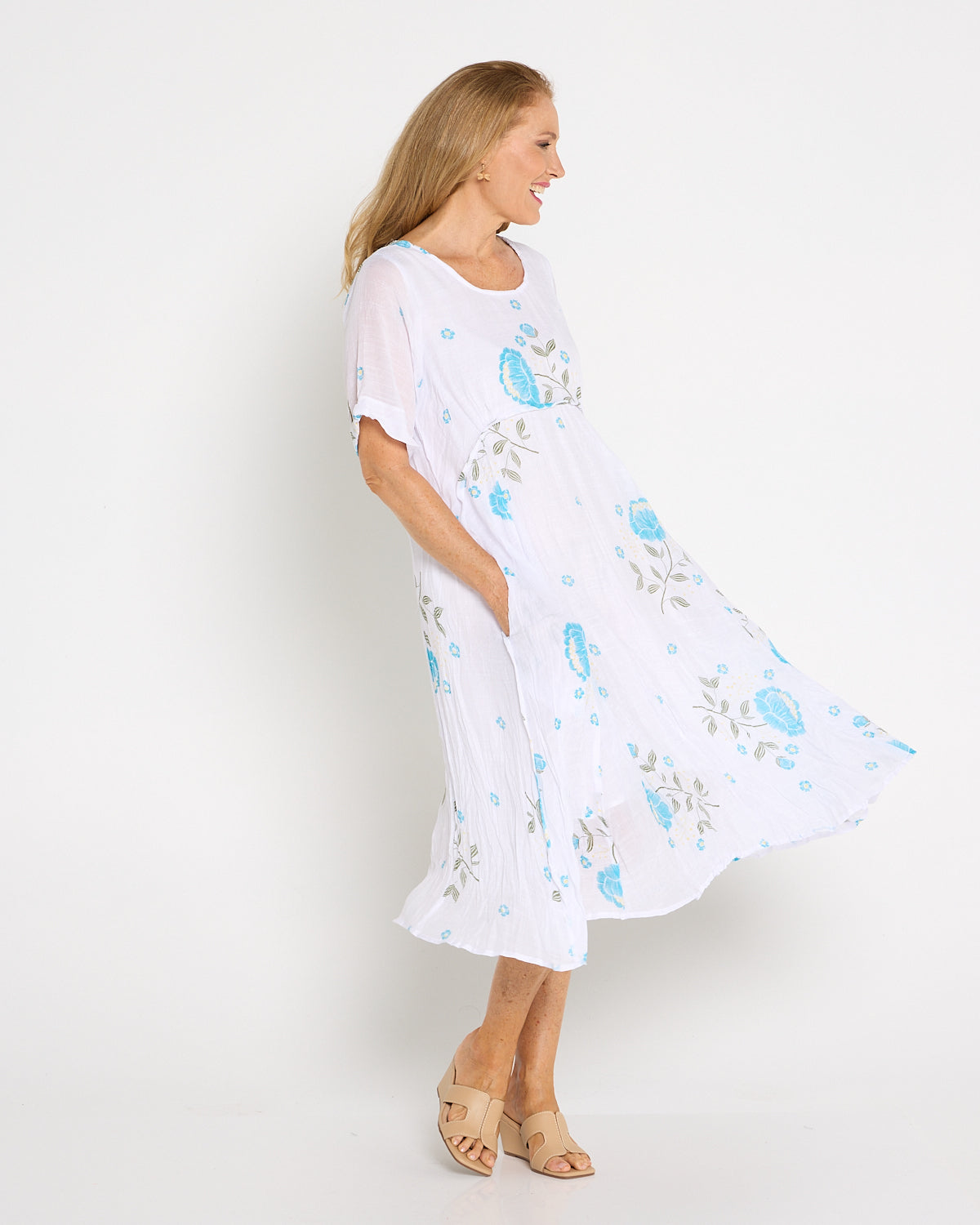 Waterhouse Dress - White/Teal Artisan Floral