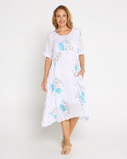 Waterhouse Dress - White/Teal Artisan Floral