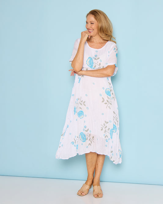 Waterhouse Dress - White/Teal Artisan Floral
