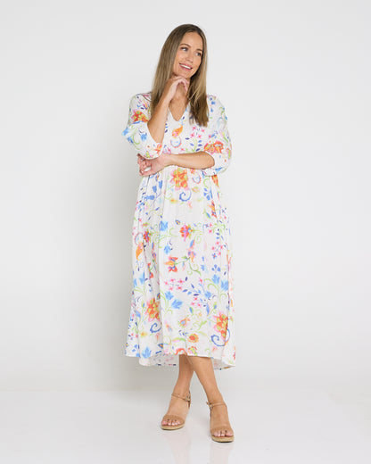 Marisel Dress - White Watercolour Jacobean