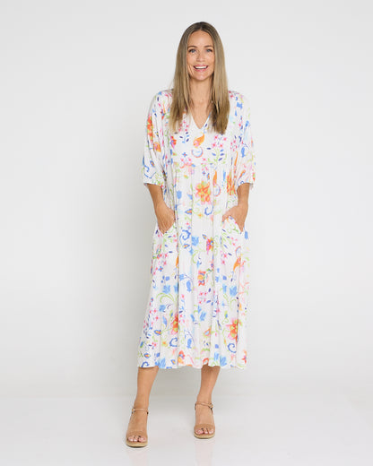 Marisel Dress - White Watercolour Jacobean