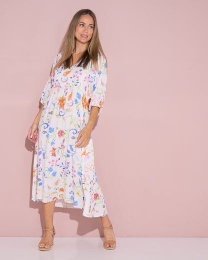 Marisel Dress - White Watercolour Jacobean