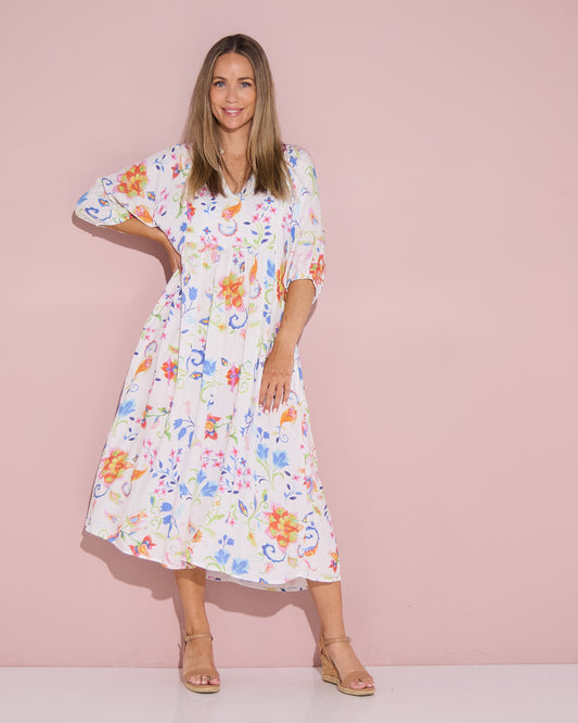 Marisel Dress - White Watercolour Jacobean