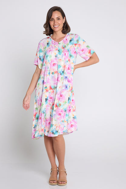 Luton Dress - Pink Teal Floral