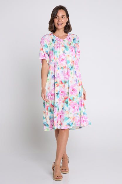 Luton Dress - Pink Teal Floral