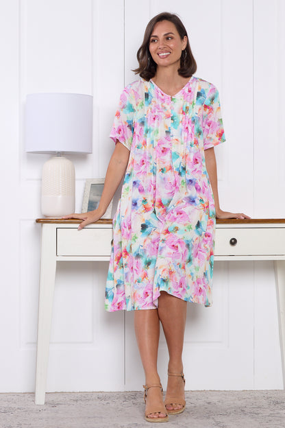 Luton Dress - Pink Teal Floral