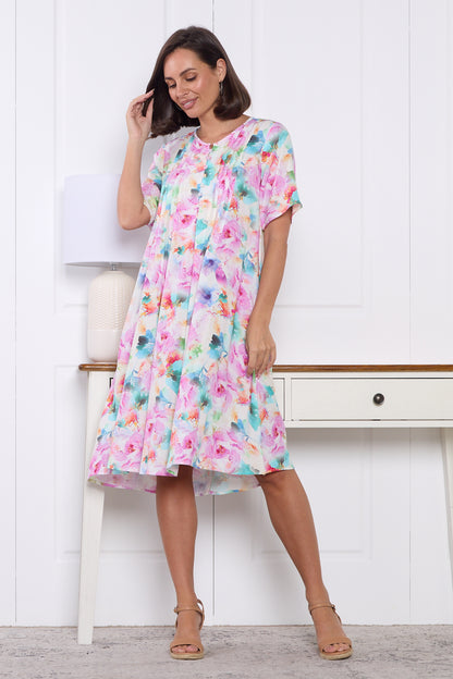 Luton Dress - Pink Teal Floral