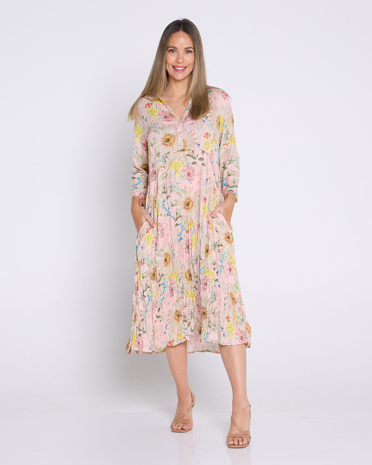 Newark 3/4 Sleeve Dress - Peach Wildflowers