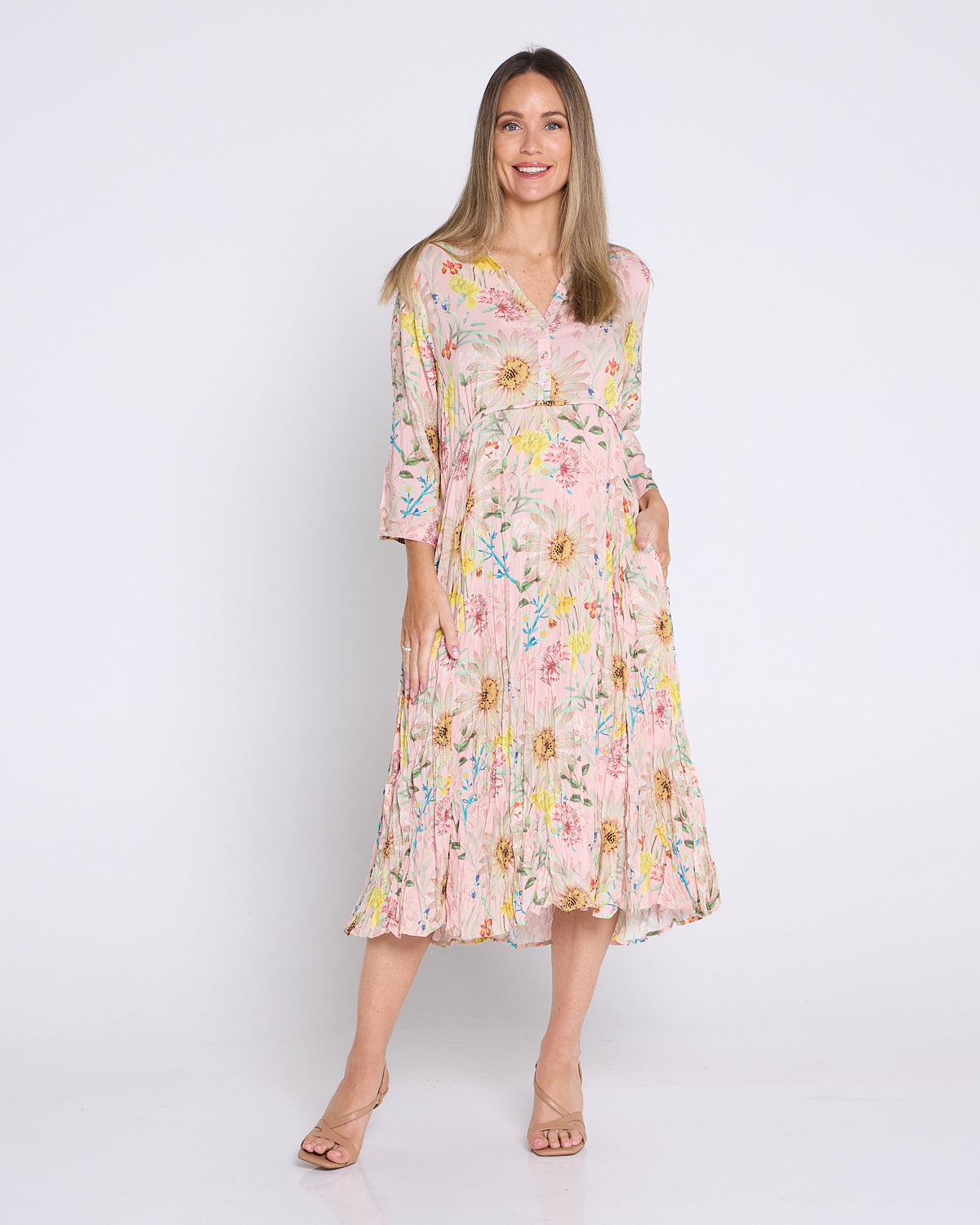 Newark 3/4 Sleeve Dress - Peach Wildflowers