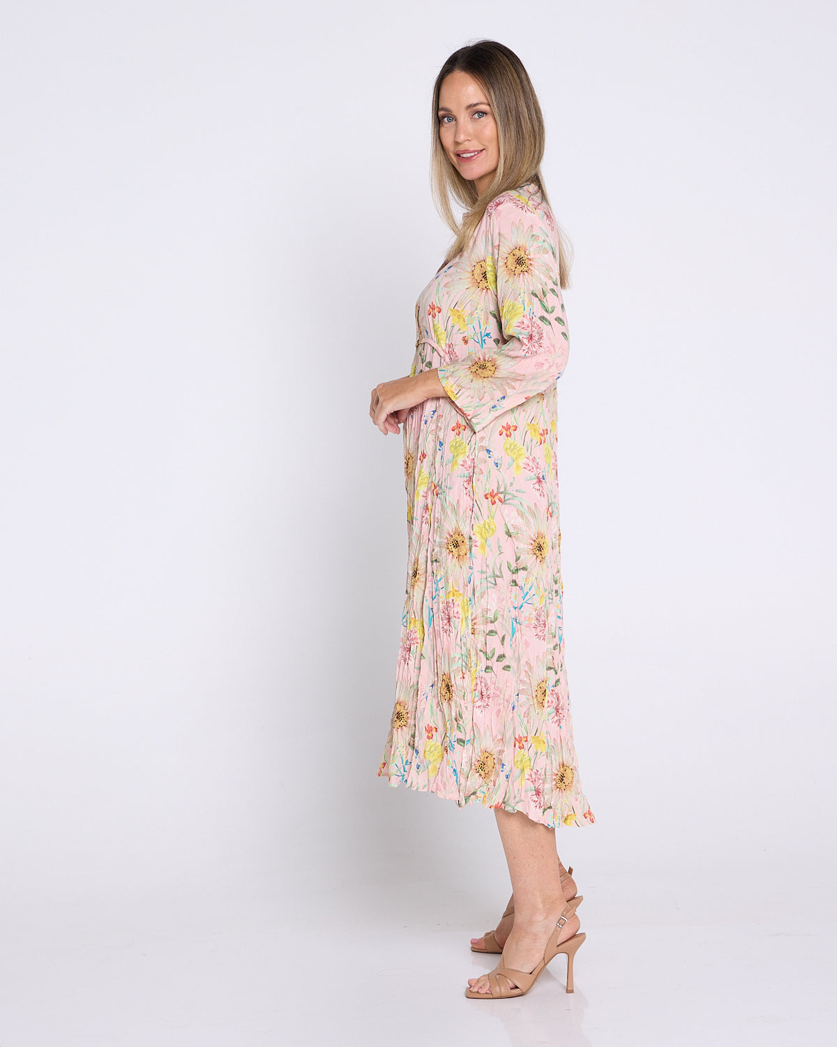 Newark 3/4 Sleeve Dress - Peach Wildflowers