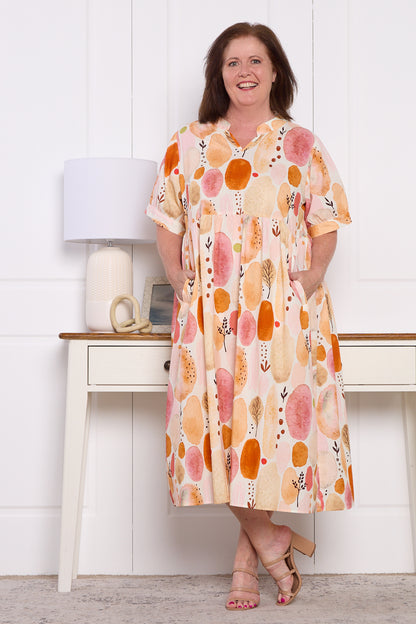 Billy Babydoll Cotton Dress - Apricot/Rose Watercolour