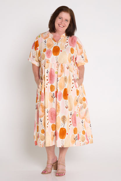 Billy Babydoll Cotton Dress - Apricot/Rose Watercolour