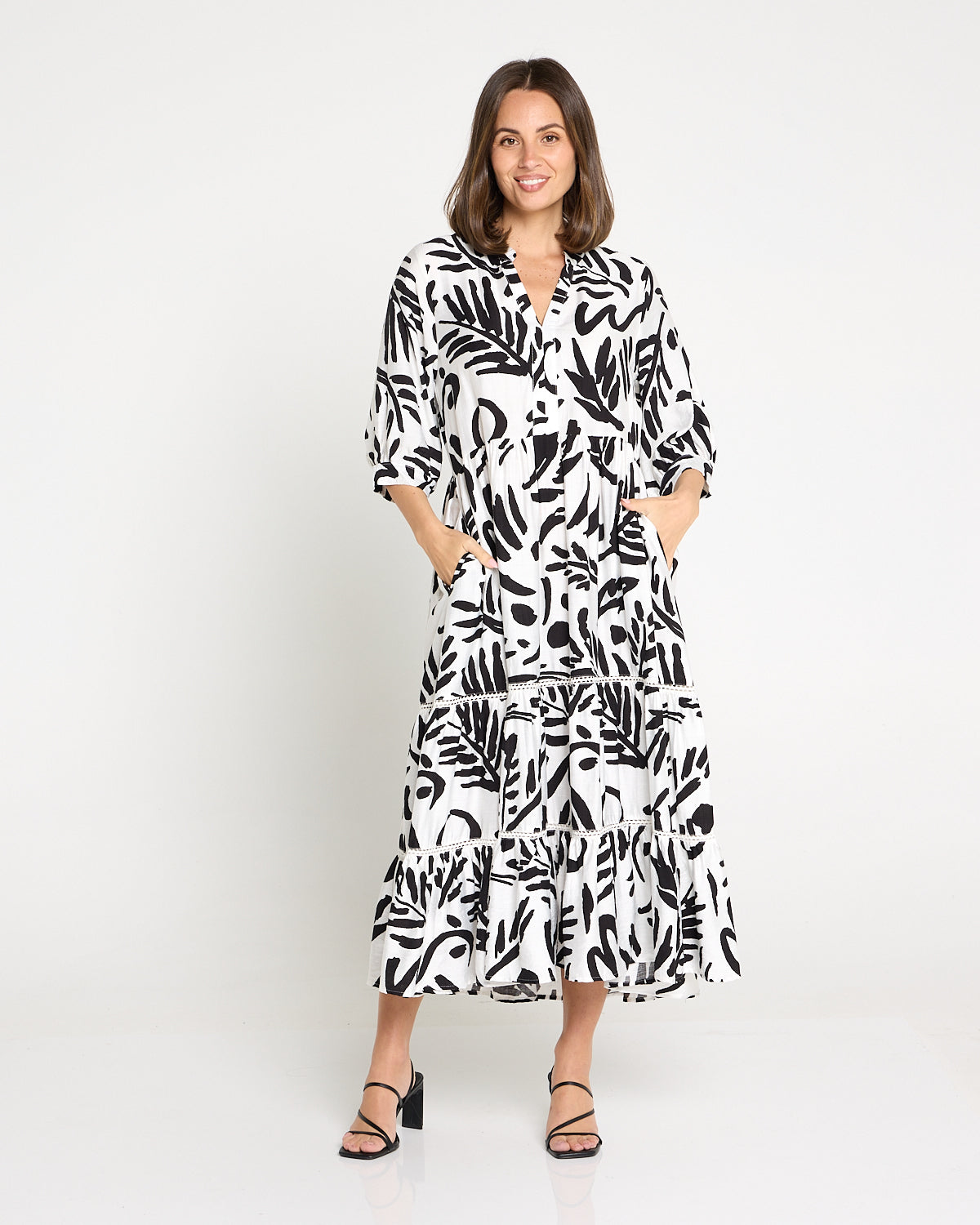 Melissa Midi Dress - Black/White Botanical