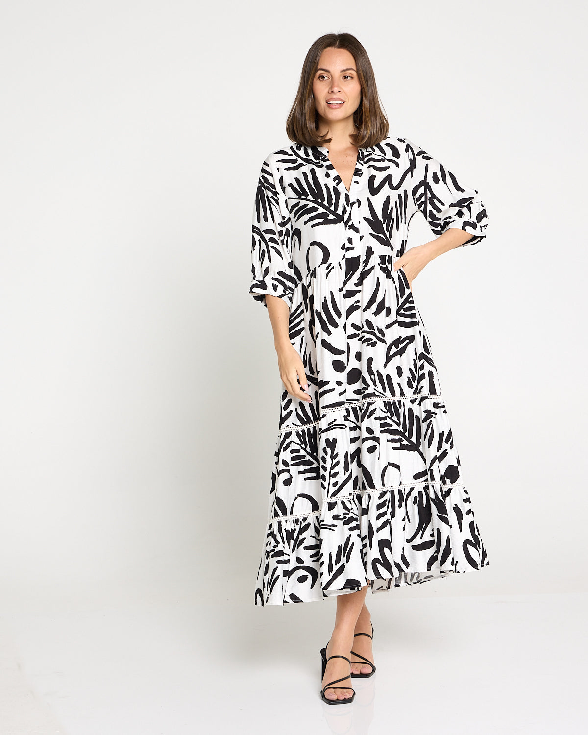 Melissa Midi Dress - Black/White Botanical