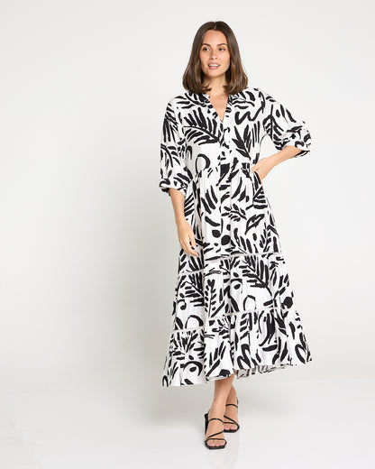 Melissa Midi Dress - Black/White Botanical