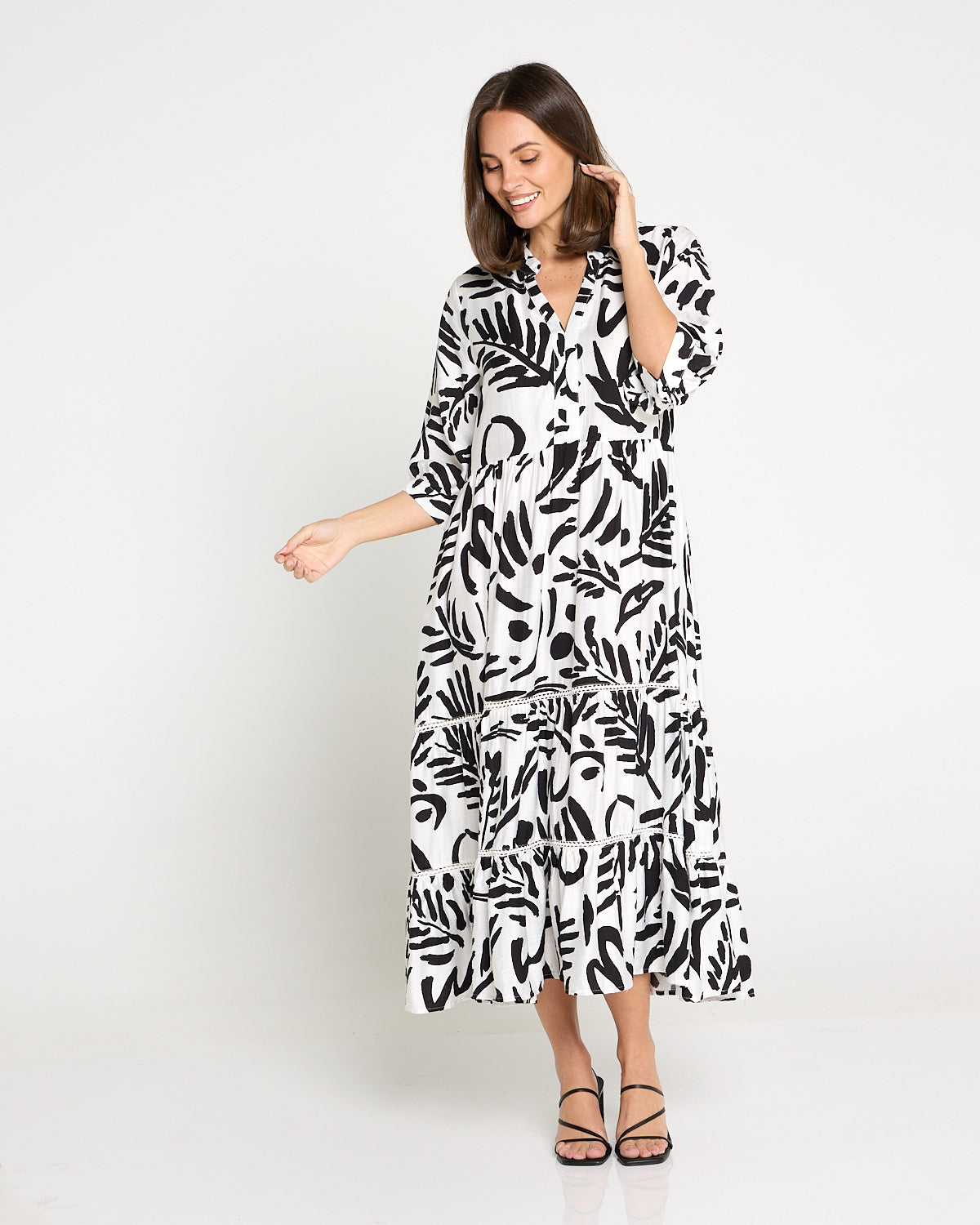 Melissa Midi Dress - Black/White Botanical