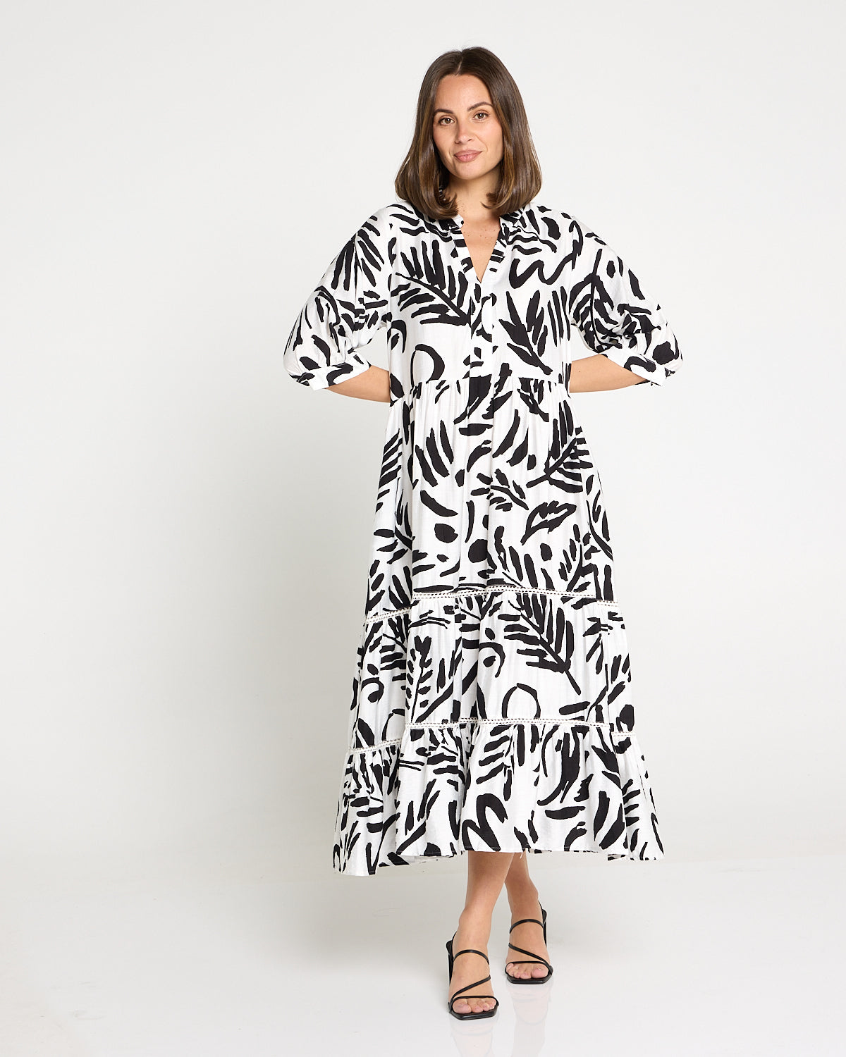 Melissa Midi Dress - Black/White Botanical