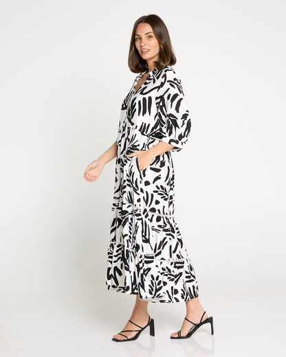 Melissa Midi Dress - Black/White Botanical