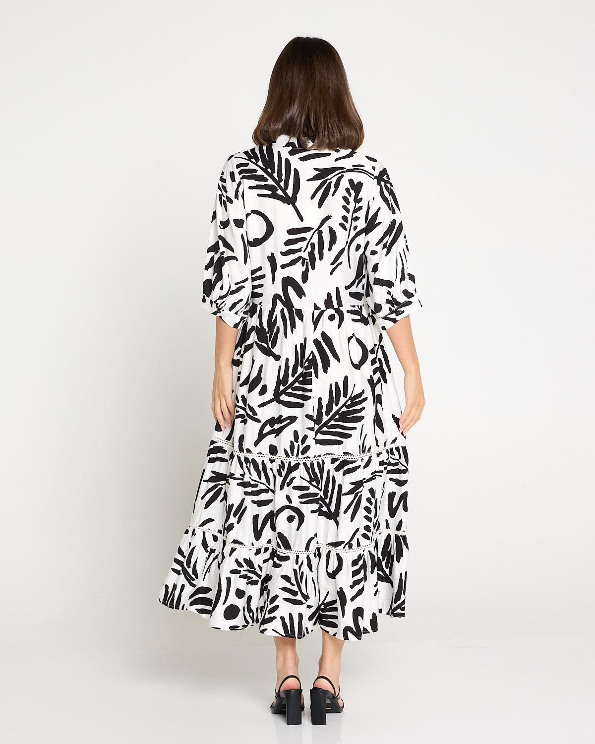 Melissa Midi Dress - Black/White Botanical