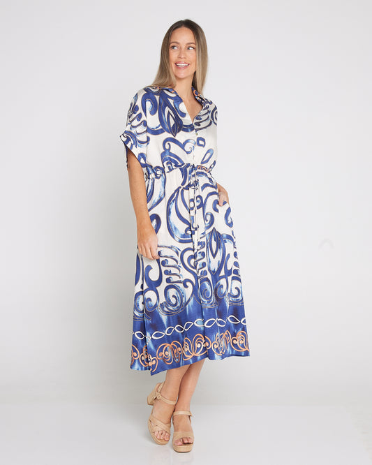 Delphine Shirt Dress - Blue Scroll