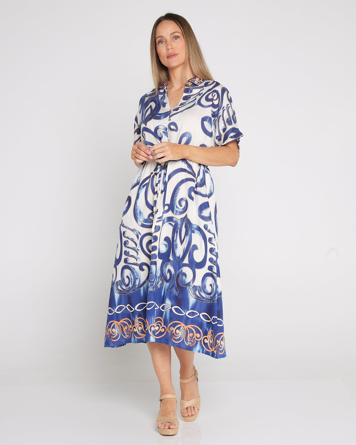 Delphine Shirt Dress - Blue Scroll