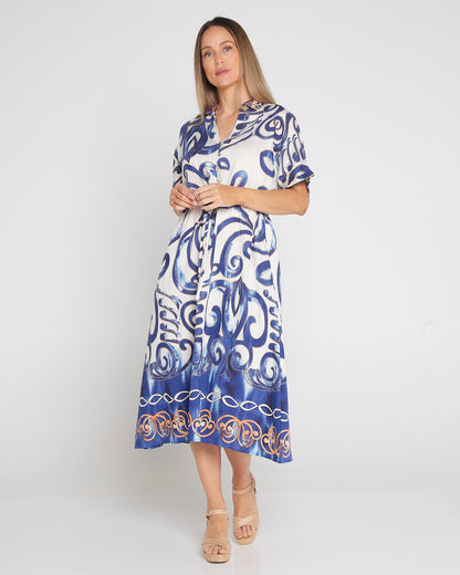 Delphine Shirt Dress - Blue Scroll