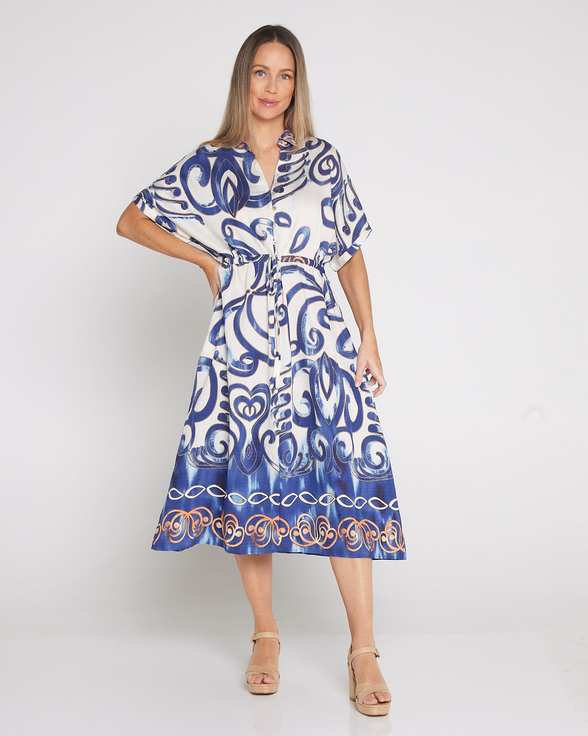 Delphine Shirt Dress - Blue Scroll