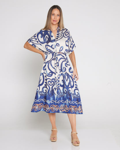 Delphine Shirt Dress - Blue Scroll