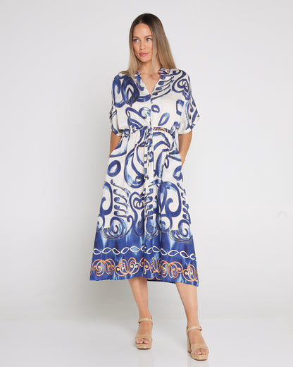 Delphine Shirt Dress - Blue Scroll
