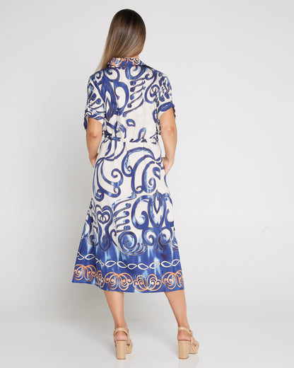 Delphine Shirt Dress - Blue Scroll