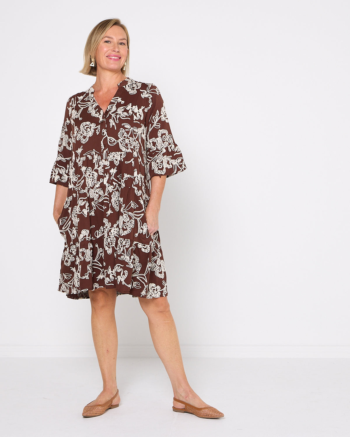 Amalfi Embroidered Dress - Chocolate/Cream