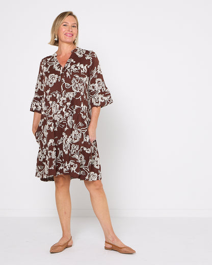 Amalfi Embroidered Dress - Chocolate/Cream
