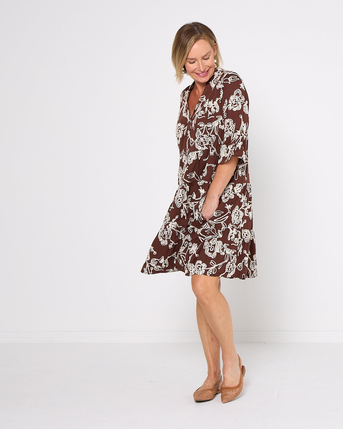 Amalfi Embroidered Dress - Chocolate/Cream