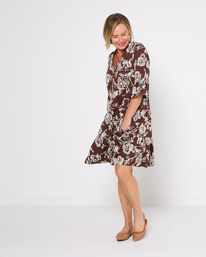 Amalfi Embroidered Dress - Chocolate/Cream