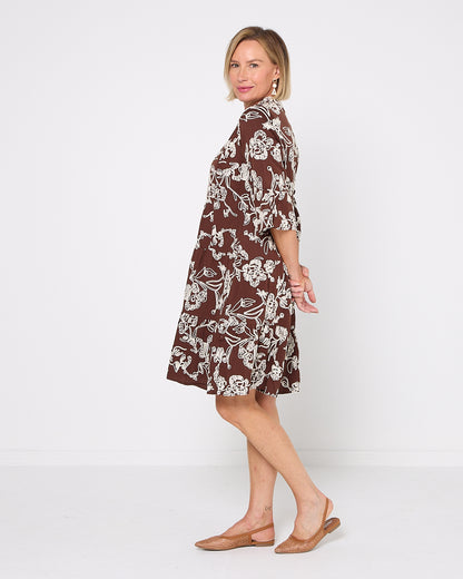 Amalfi Embroidered Dress - Chocolate/Cream