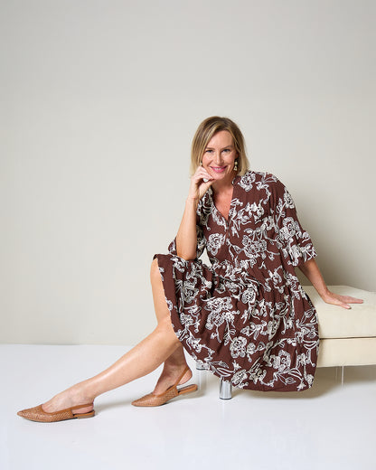 Amalfi Embroidered Dress - Chocolate/Cream