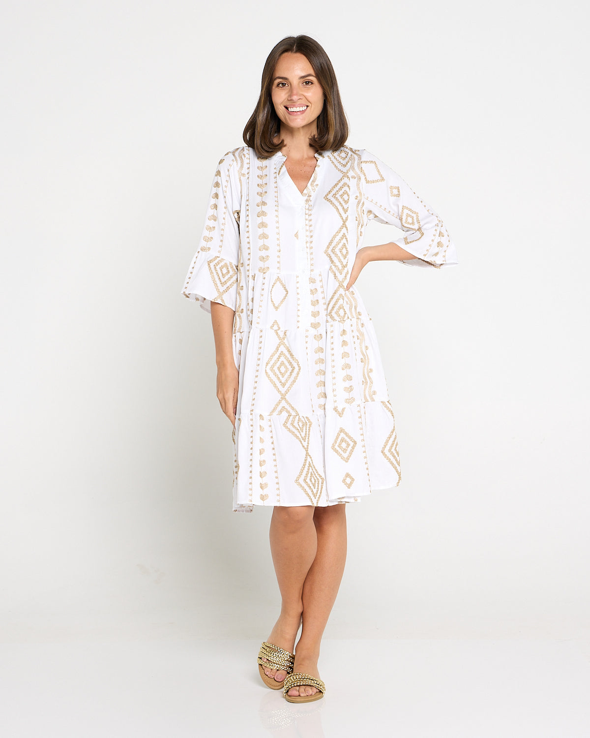 Amalfi Gold Embroidered Dress – White/Gold