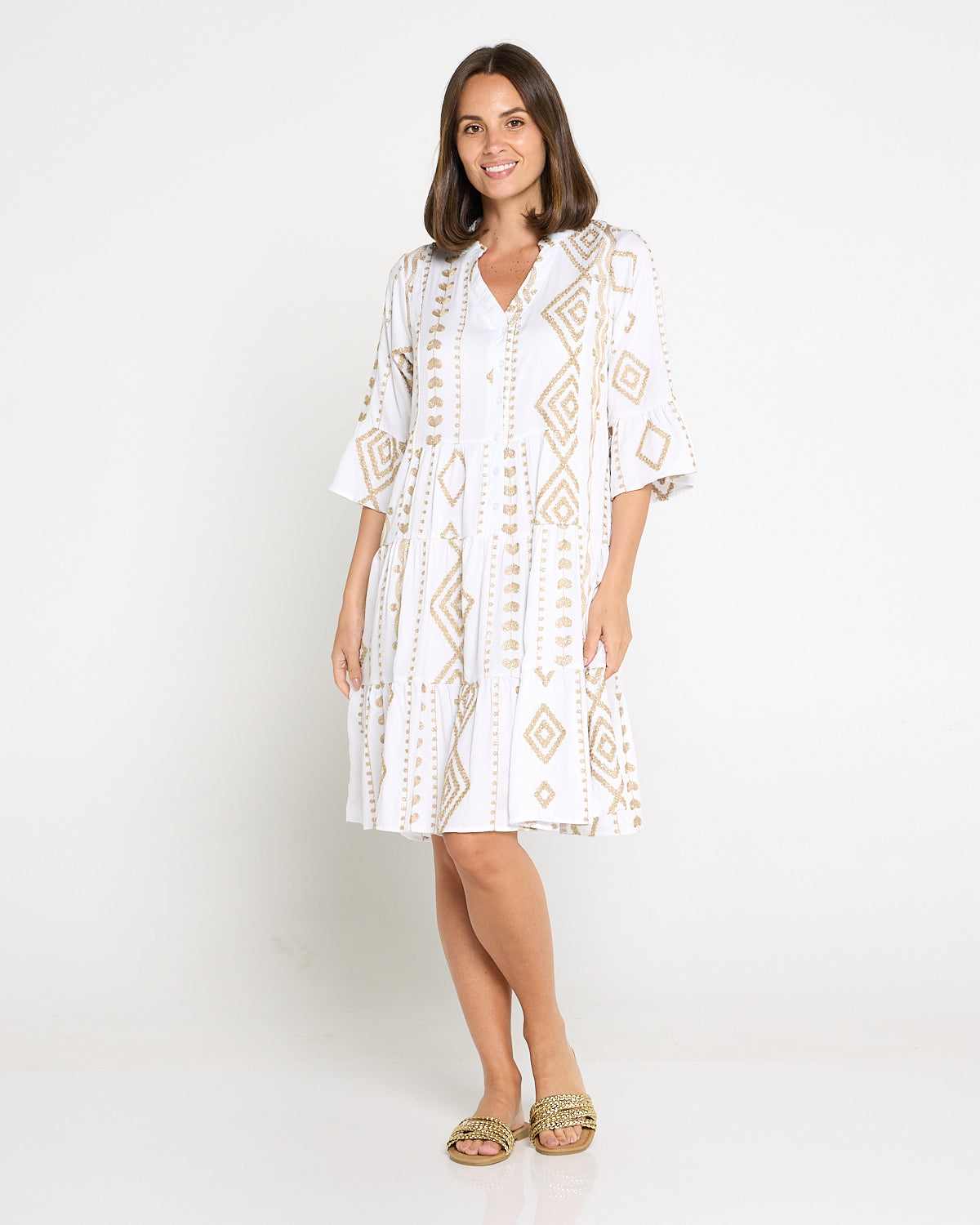 Amalfi Gold Embroidered Dress – White/Gold