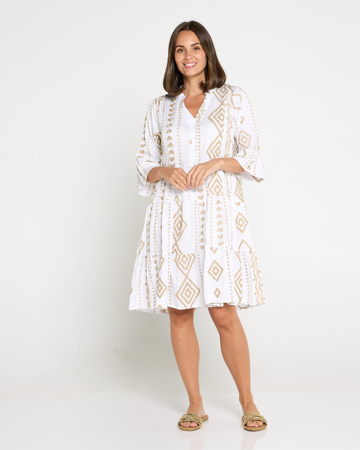 Amalfi Gold Embroidered Dress – White/Gold