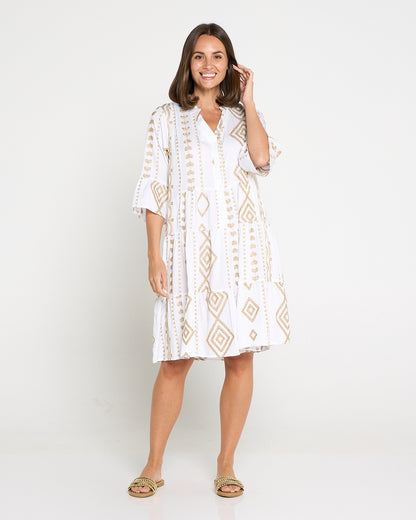 Amalfi Gold Embroidered Dress – White/Gold