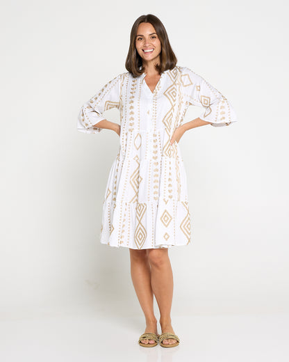 Amalfi Gold Embroidered Dress – White/Gold