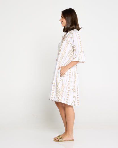 Amalfi Gold Embroidered Dress – White/Gold