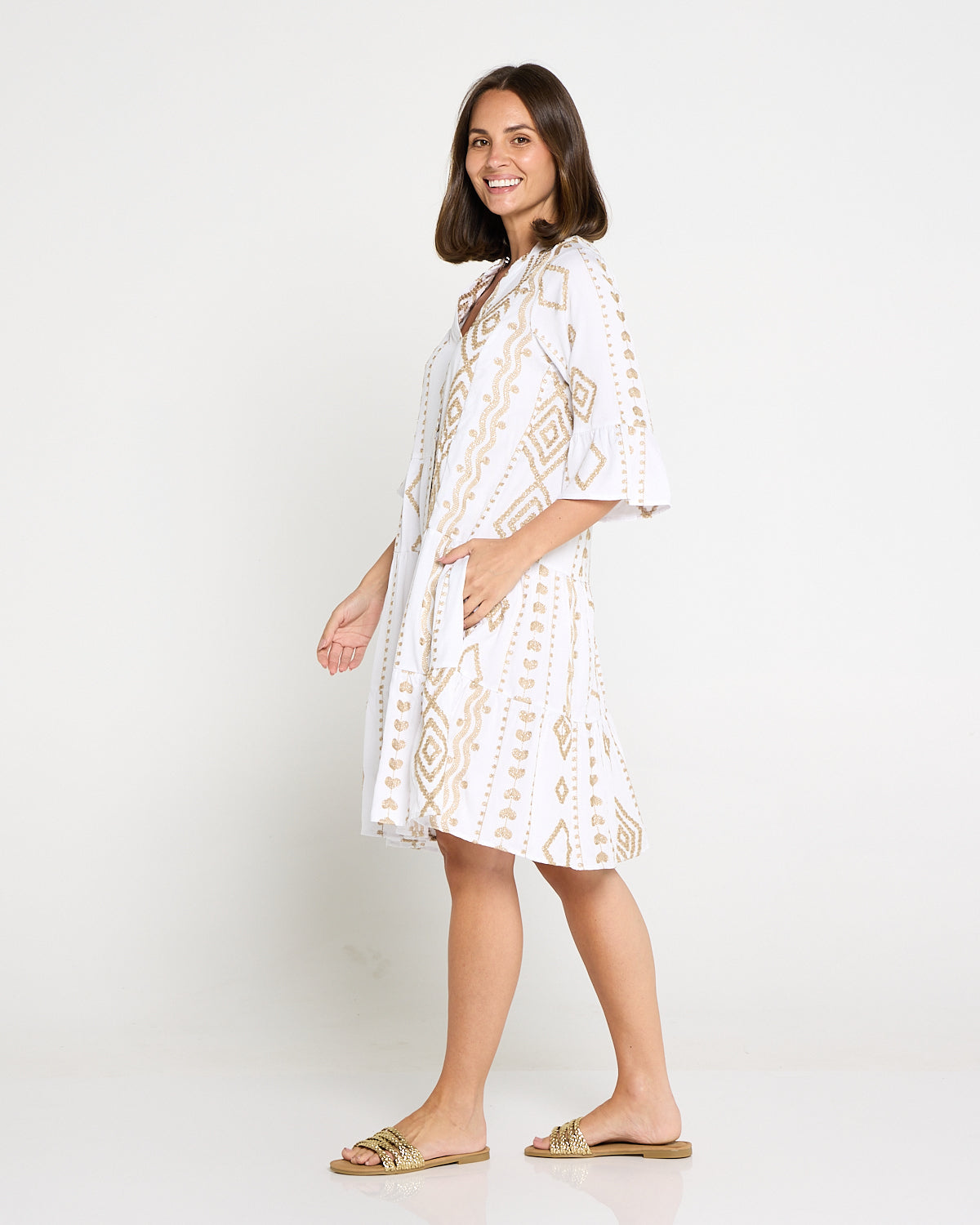 Amalfi Gold Embroidered Dress – White/Gold