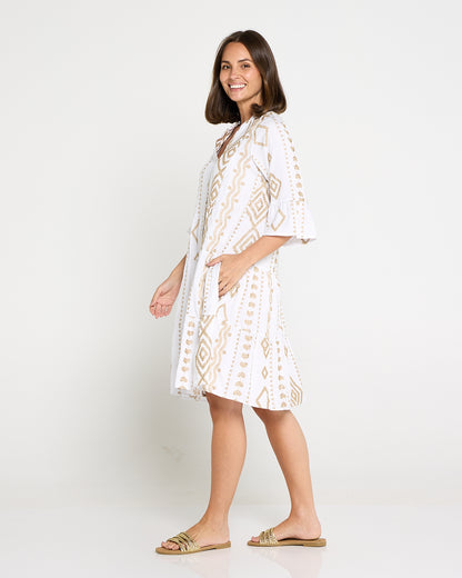 Amalfi Gold Embroidered Dress – White/Gold