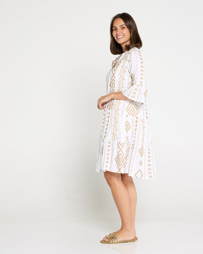 Amalfi Gold Embroidered Dress – White/Gold
